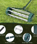 Rolling Lawn Aerator 18 Inch Rotary Push Tine Spike Soil Aerator with 3 Piece Long Steel Handle on green grass