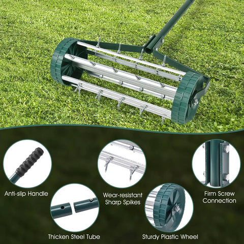 Rolling Lawn Aerator 18 Inch Rotary Push Tine Spike Soil Aerator with 3 Piece Long Steel Handle on green grass