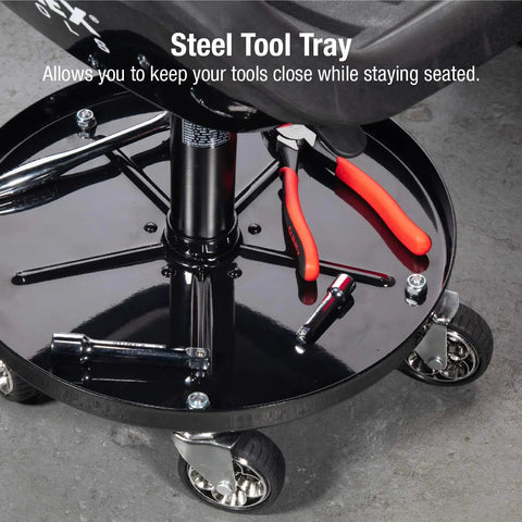 Telescoping Tractor Seat With Parts Tray, 300 Lb Capacity, Adjustable Height 18 To 22 Inches, tools on tray, caster wheels visible