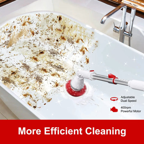 Cordless Electric Spin Scrubber With 6 Replaceable Brush Heads And Adjustable Extension Handle cleaning a dirty bathtub