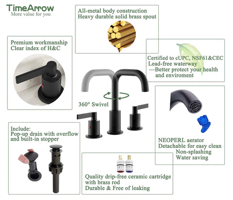 Matte Black 8 Inch Widespread Bathroom Sink Faucet With Pop Up Drain Modern High Arc Two Handle Vanity Faucet 360 Degree Swivel Brass Spout Drip Free Ceramic Cartridge All Metal Body For Ultimate Water Flow with labeled features