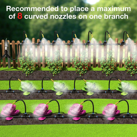 One Quarter Inch Drip Irrigation System Kit, 100 Feet Outdoor Garden Watering Sprinkler at work with adjustable nozzles