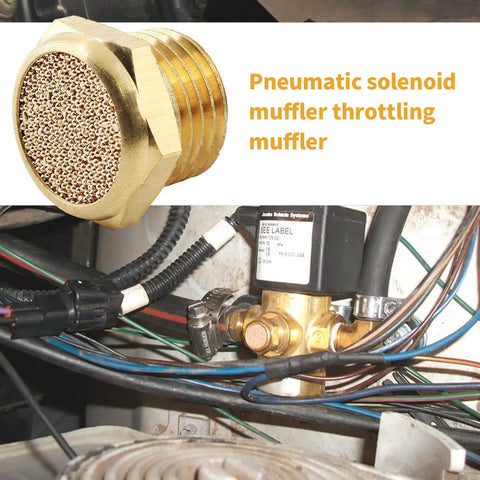 Brass Pneumatic Sintered Muffler Silencer Pack of 12, 1/4 NPT Male Thread Air Exhaust Fittings installed in a machinery system