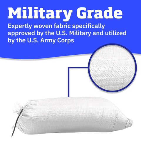 Beefy Heavy Duty Sand Bags With Tie Strings For Flood Control, 50 lb capacity, woven texture close-up, white, UV treated.