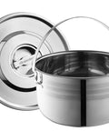 Compact Stainless Steel Camping Cookware Set With Travel Tote Bag, 4 Piece Campfire Pots And Pans Kit displaying a pot with lid