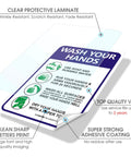 Keep Hands Clean With This Please Wash Your Hands Sign Stickers 4 Pack 10 By 7 Inch 4 Mil Vinyl Self Adhesive Weatherproof UV Protected Indoor Outdoor Employee Hand Washing Sign showing instructions and features overlay.
