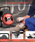Fifty Foot Heavy Duty Electric Drain Cleaner Machine With Motorized Auto Feed Sewer Snake Auger and Four Swappable Cutters in use with ergonomic design.