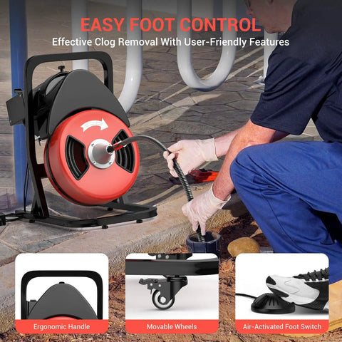 Fifty Foot Heavy Duty Electric Drain Cleaner Machine With Motorized Auto Feed Sewer Snake Auger and Four Swappable Cutters in use with ergonomic design.