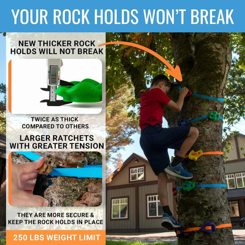 Big Grip Tree Climbing Kit For Kids With 16 Jumbo Holds And 8 Ratchets, 250 lbs weight limit, child climbing tree outdoors