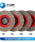 Set of 4 Inch Diamond Flap Discs for fast material removal on ceramic, glass, granite, marble, plastic and concrete shown with grit levels.