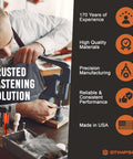 Man using a grommet fastening tool with text highlighting manufacturing expertise and features of Self-Piercing Grommet And Washer Set In 304 Stainless Steel Built To Last For Tarps, Fabric, Leather, And Banners, Marine Grade Heavy Duty Hardware, Size Two, 500 Sets Of Each.