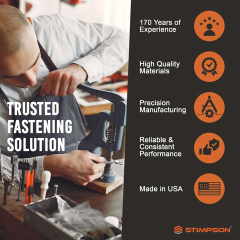 Man using a grommet fastening tool with text highlighting manufacturing expertise and features of Self-Piercing Grommet And Washer Set In 304 Stainless Steel Built To Last For Tarps, Fabric, Leather, And Banners, Marine Grade Heavy Duty Hardware, Size Two, 500 Sets Of Each.