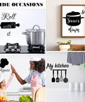 Kitchen Wall Stickers Quotes Vinyl Decals With Funny Lettering For Fridge, Home And Bar Decor, Peel And Stick Word Art, Perfect For Restaurant Vibe, Two Size Packs M And L With 3 Or 4 Sheets Each displayed in various kitchen settings.