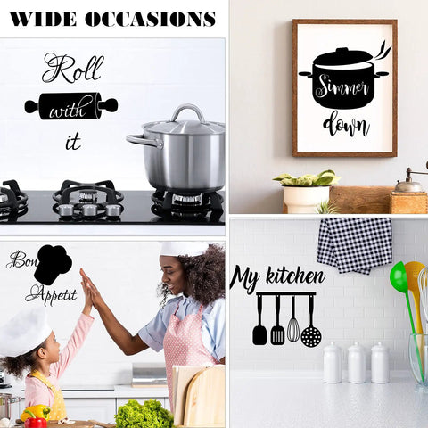 Kitchen Wall Stickers Quotes Vinyl Decals With Funny Lettering For Fridge, Home And Bar Decor, Peel And Stick Word Art, Perfect For Restaurant Vibe, Two Size Packs M And L With 3 Or 4 Sheets Each displayed in various kitchen settings.