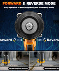 Front view of One Half Inch Cordless Impact Wrench With Brushless Motor, 1000 Newton Meters Of Torque And 740 Foot Pounds in forward mode