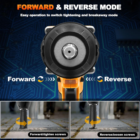 Front view of One Half Inch Cordless Impact Wrench With Brushless Motor, 1000 Newton Meters Of Torque And 740 Foot Pounds in forward mode
