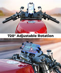 Motorcycle Fork Stem Phone Mount With Vibration Dampener And Anti Shake For A Rock Solid Grip on red fuel tank, 720° rotation
