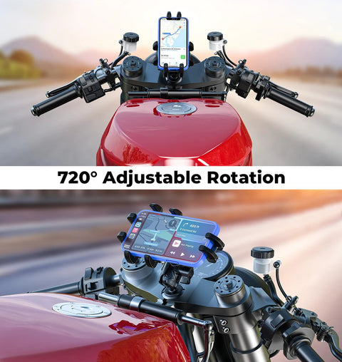 Motorcycle Fork Stem Phone Mount With Vibration Dampener And Anti Shake For A Rock Solid Grip on red fuel tank, 720° rotation