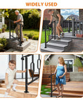 Helluva Strong Outdoor Stair Handrail For Two Or Three Steps Solid Black Wrought Iron Exterior Safety Guard on various steps.
