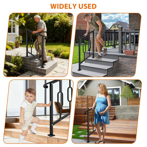 Helluva Strong Outdoor Stair Handrail For Two Or Three Steps Solid Black Wrought Iron Exterior Safety Guard on various steps.