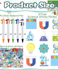 Science Party Stationery Gift Set With 12 Sticky Notes 12 Ballpoint Pens And 50 Science Stickers Totally Great For Science Themed Birthday Parties Decor Badges Goodie Bags School Rewards And Classroom Fun product overview with colorful pens, sticky notes, and stickers.