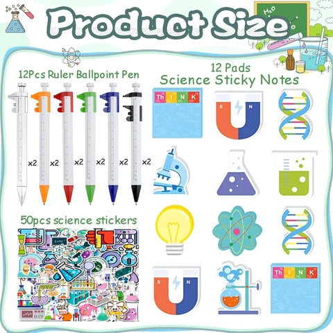 Science Party Stationery Gift Set With 12 Sticky Notes 12 Ballpoint Pens And 50 Science Stickers Totally Great For Science Themed Birthday Parties Decor Badges Goodie Bags School Rewards And Classroom Fun product overview with colorful pens, sticky notes, and stickers.