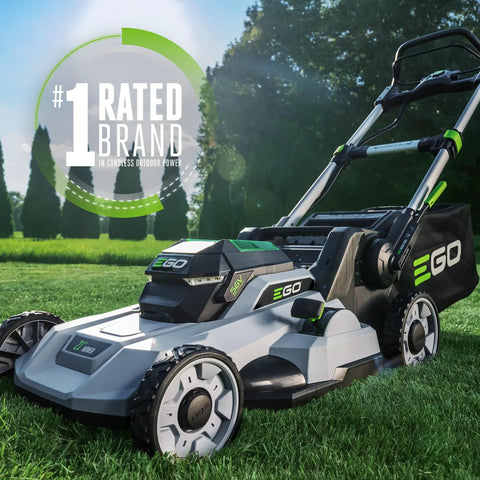 Cordless Electric Lawn Mower With 56V 6.0Ah Battery And 320W Charger on grass, showcasing brushless motor and 21-inch deck