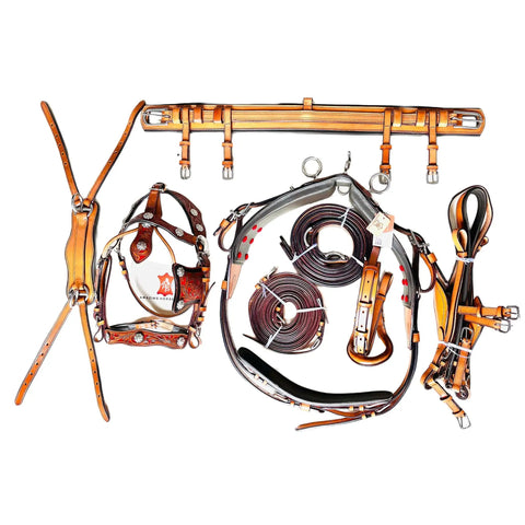 Three Tone Leather Horse Driving Harness For Single Horse Cart With Designer Conchos All Over Stainless Steel Hardware Shetland