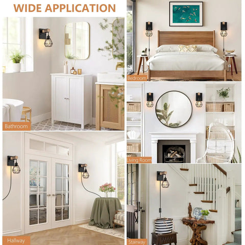 Killer Plug In Wall Sconces Set Of Two With Vintage Wood Accents And Matte Black Bases showcased in various home settings.