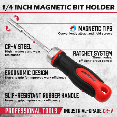 Quarter Inch Magnetic Ratcheting Screwdriver With Durable Bit Holder And No Slip Cushion Grip 220mm Long Multi Tip Set