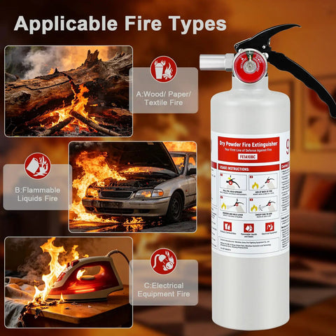 Four Pack Of 2.5 Lb Abc Dry Chemical Fire Extinguishers Rated 1A 10B C showing types A, B, and C fire hazards with instructions.