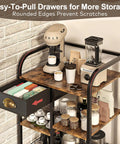 Rustic Wood Coffee Cart With Dope Multi Tier Layout And Slick Brake Lock Wheels For Easy Rolling Serving Station That Brings Zero Sweat Morning Vibes To Your Whole Space with coffee maker and storage.