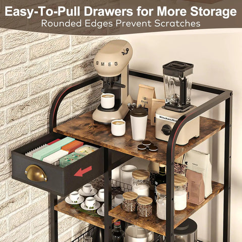 Rustic Wood Coffee Cart With Dope Multi Tier Layout And Slick Brake Lock Wheels For Easy Rolling Serving Station That Brings Zero Sweat Morning Vibes To Your Whole Space with coffee maker and storage.