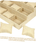 Multi Grid Watch Organizer Tray With Linen Padded Sections showing khaki padded slots and soft pillows for safe jewelry display.