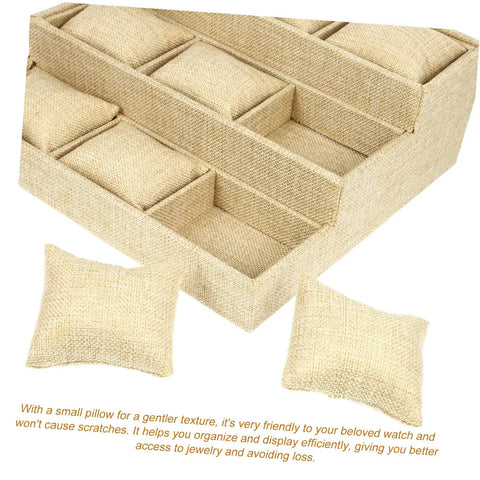 Multi Grid Watch Organizer Tray With Linen Padded Sections showing khaki padded slots and soft pillows for safe jewelry display.