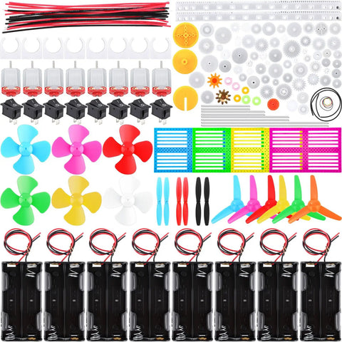 8 Set 157 Piece DC Motors Kit For DIY Projects: Mini Hobby Motors 3V-6V With Propellers, Rectangular Motors, Gears, Battery Holders