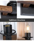 Farmhouse Rustic Vanity Light Over Mirror 4 Light Industrial Wall Sconce with Clear Glass Shades Vintage Wood Accents Black Finish