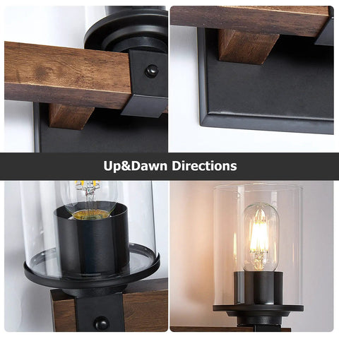 Farmhouse Rustic Vanity Light Over Mirror 4 Light Industrial Wall Sconce with Clear Glass Shades Vintage Wood Accents Black Finish