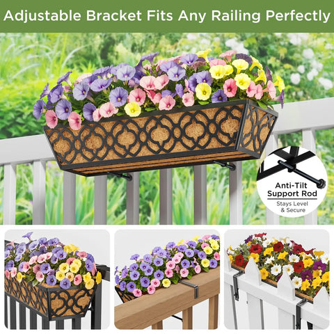 Adjustable Deck Railing Planter Boxes For Balcony Gardens Fits Railings From 2.1 To 6.3 Inches With Sturdy Metal Construction