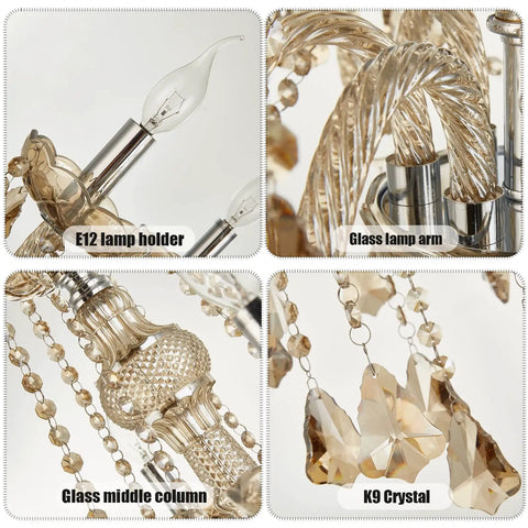 Detailed view of parts of 6 Light Crystal Chandelier With Metal Frame And Six Arms Vintage Candle Style Pendant Ceiling Light Cognac Finish