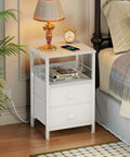 White End Table With Built In Charging Station And USB Ports Nightstand With Outlets Storage Shelf Fabric Drawers Hooks For Living Room
