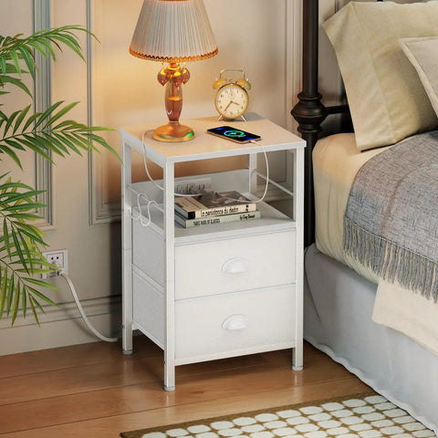 White End Table With Built In Charging Station And USB Ports Nightstand With Outlets Storage Shelf Fabric Drawers Hooks For Living Room