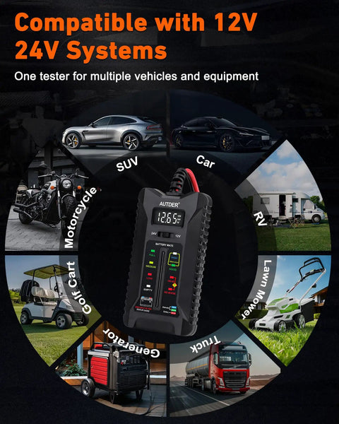 12V 24V Car Battery Tester With Digital Pro Grade All In One Battery And Alternator Tester, LCD Display, LED Indicators, voltage analyzer for cars, SUVs, RVs, motorcycles, trucks