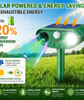 Two Pack Solar Ultrasonic Animal Repeller Set To Keep Cats, Deer And Other Pests And Critters Off Your Lawn And Garden, Easy Stake In Outdoor Deterrents That Recharge In Sun And Work Day And Night. Green solar ultrasonic repeller on stake in grass with top solar panel
