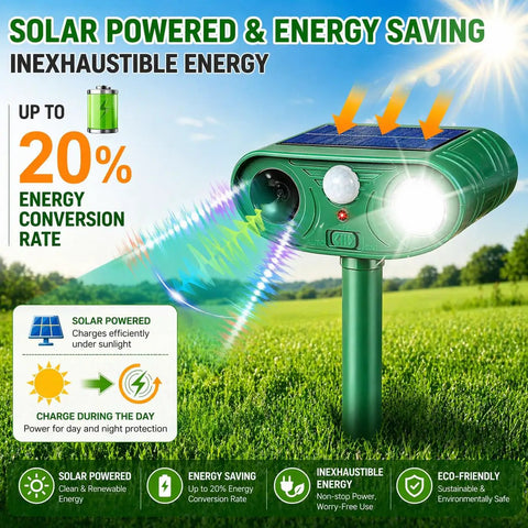 Two Pack Solar Ultrasonic Animal Repeller Set To Keep Cats, Deer And Other Pests And Critters Off Your Lawn And Garden, Easy Stake In Outdoor Deterrents That Recharge In Sun And Work Day And Night. Green solar ultrasonic repeller on stake in grass with top solar panel