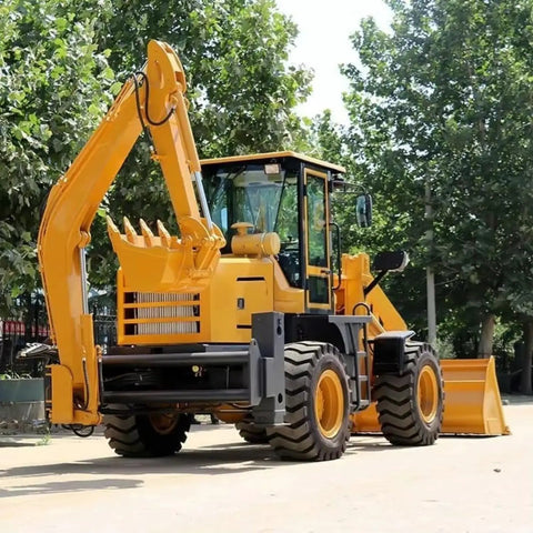 Backhoe Loader Set For Landscaping This Beast Mode Compact Tractor Excavator Combo Brings Two Point One Meter Digging Depth With Multi Attachments And Flexible Configurations Ready For Any Job Site viewed from side angle