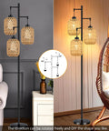 Boho Rattan Tree Floor Lamp With Three Edison Bulbs, Industrial Black Standing Farmhouse Style, Woven Bamboo Lampshade, shown in living room.
