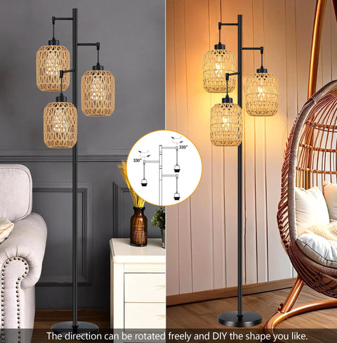 Boho Rattan Tree Floor Lamp With Three Edison Bulbs, Industrial Black Standing Farmhouse Style, Woven Bamboo Lampshade, shown in living room.