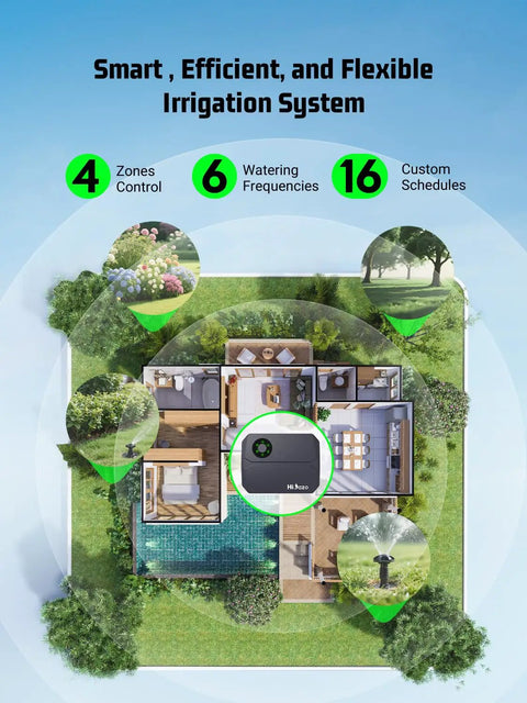 Diagram of 2.4GHz WiFi Sprinkler Controller With 4 Zones And 16 Scheduling Plans App Control showing smart irrigation setup.