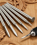 Six Piece 3mm Shank Wood Carving Drill Bit Set For Engraving And Grinding, shown on wood surface with detail on sharp tips